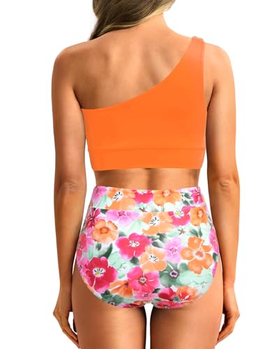Image of Holipick Women One Shoulder High Waisted Bikini Sets Two Piece Swimsuit Tummy Control Bathing Suit Full Coverage Swimwear