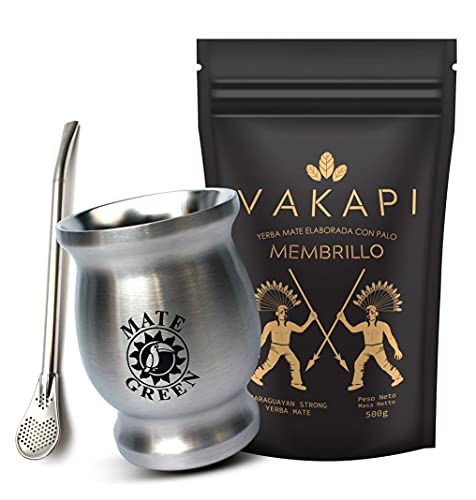 Vakapi Yerba Mate Green Set, MEMBRILLO, Edelstahl-Becher 230ml, Quittenfrucht, Erdbeerblatt, Weinraute, Muira Puama, Nur natürliche Aromen, Perfect Mate Tee-Set, 700 g Cover