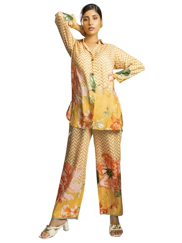 Image of Women's Printed Silk Blend Co-Ord Set Long Sleeves Shirt and Trouser Set for Women | Ethnic Co-Ord Set (RWDROUT1041)