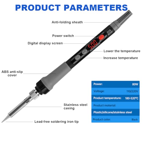 Flintronic Soldeerboutset, soldeerbout, met aan/uit-schakelaar, instelbare temperatuur, geschikt voor onderhoud thuis - Afbeelding 6