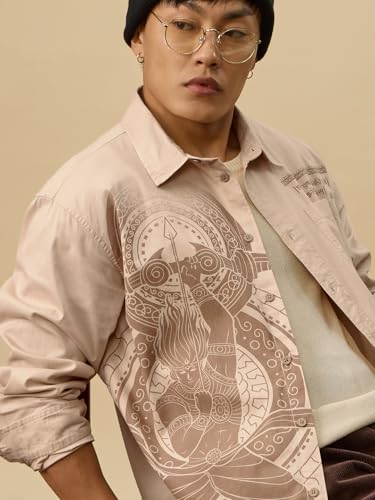 Image of The Souled Store The Mythical Archer Men and Boys Long Sleeves Collared Neck Button Front Beige Printed Cotton Relaxed Shirts