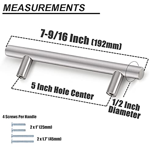 Image of Probrico 12 Pack 5 inch Holes Cabinet Pulls Brushed Nickel Finished, Stainless Steel Kitchen Cupboard Handles Euro T Bar Cabinet Handles and Knobs, 7-1 /2 inch Overall Length