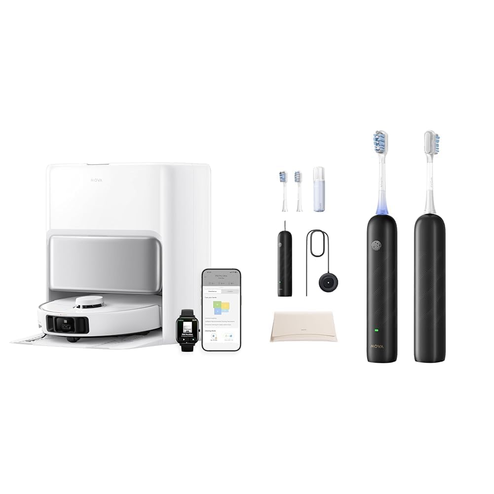 Mova P50 Pro Ultra Robot Aspirapolvere Combo, 19.000 Pa + Spazzolino Elettrico Fresh Pro 3DClean, Testina di Ricambio 3 in 1 con Supporto, Durata della Batteria 30D, Nero