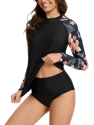 Mexholin Two Piece Rash Guard for Women Sun Protection UPF 50+ Long Sleeve Swimsuits Quick Dry Swim Shirts Pink Flower S