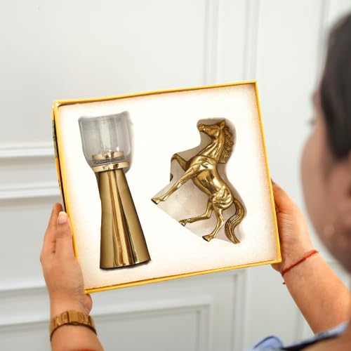 Image of BEHOMA Royal Glow Luxury Home Decor Gift Hamper | Aluminium Horse Figurine Showpiece with Metal & Glass Tea Light Candle Holder | Decorative & Vastu Gift for Living Room, Wedding & Housewarming