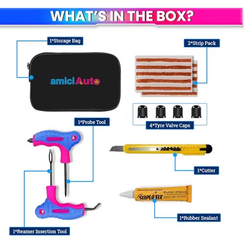 amiciAuto Tubeless Tyre Puncture Repair Kit – Heavy-Duty 4-in-1 Reamer, Probe, Cutter & Valve Caps | Complete Motorcycle & Car Tyre Repair Set with Sealant Strips | Emergency Glass Breaker Function