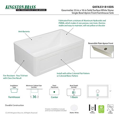 Kingston Brass Gkfa331810Ds Arcticstone Solid Surface White Stone Apron Front Farmhouse Single Bowl Kitchen Sink, 33" X 18" X 9-9/16", Matte #TOP5