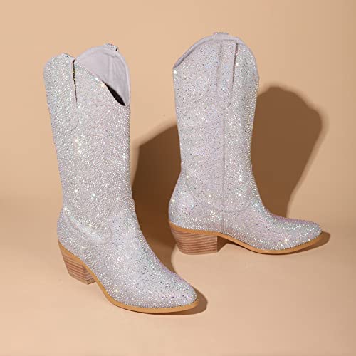 Atuelang Women'S Rhinestone Cowboy Boots Sparkly Knee High Cowgirl Boots Fashion Pointed Toe Chunky Block Heel Mid Calf Booties Pull On Trending Tall Western Boots Silver Size 7 thumb #5