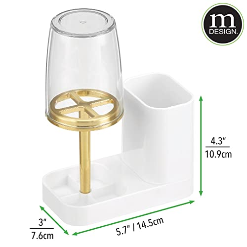 Mdesign Modern Plastic Bathroom Vanity Countertop Toothpaste & Toothbrush Holder Stand With Clear Rinsing Cup/Cover - Dental Center Holds Electric Toothbrushes - White/Soft Brass #TOP2