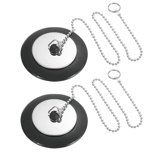 2 Pcs Universal Bath Plug with Stainless Steel Chain bath plug and chain Bath Plug Replacement bath plug replacement 43 mm to 45 mm Drain Stoppers Black Rubber for Bathroom KitchenS ize 1.7in to 1.77