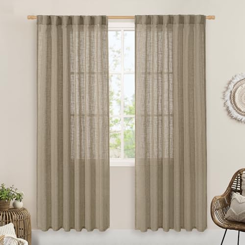 LAMIT Taupe Sheer Linen Curtains, 80 inch Light Filtering Semi Sheer Panels Back Tab and Rod Pocket Farmhouse Rust Drapes for Bedroom/Living Room, 2 Panels, 52 x 80 Inch