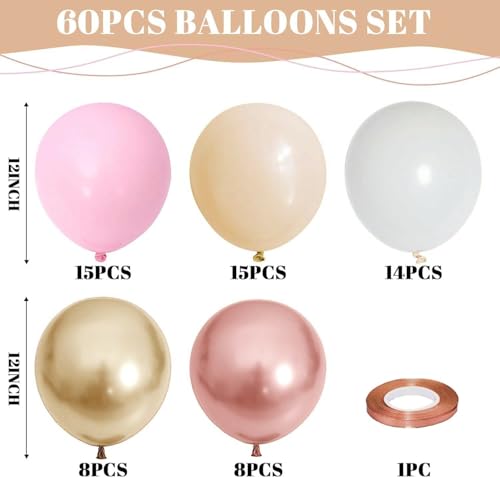 Image of Rose Gold and Pink Balloons, 60PCS Baby Pink Apricot Ivory White Balloon 12Inch Metallic Chrome Gold Rose Gold Balloon Beige Blush Nude Balloon for Boho Wedding Bridal Baby Shower Birthday Decorations