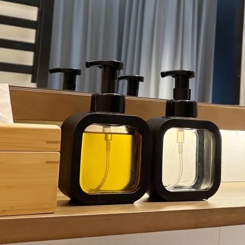 Image of Foaming Soap Dispenser, 2 Pack 300ml (10oz) Plastic Refillable Foaming Hand Soap Dispenser with 16 Pcs Waterproof Labels, Foam Pump Bottle for Bathroom and Kitchen (Black)