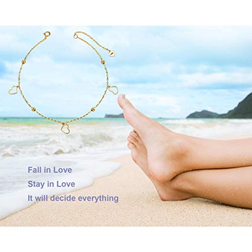 Sisgem 14K Real Gold Anklets For Women, Gold Ankle Bracelet With Heart Pendants Anniversary Jewelry Gifts For Her, 8" To 10" #TOP5