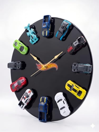 Image of FANCY THINGS 12 Mini Car Decorative Wall Clock, Black Acrylic Analog Clock with Silent Non-Ticking Movement, Collector Room Decor for Car Lovers, Kids Room, Gaming Room, Bedroom and Office