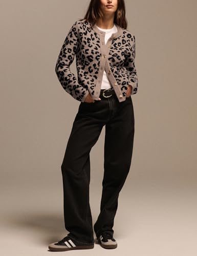 Image of Women Leopard Print Cardigan Open Front Button Down Sweater Long Sleeve Cotton Knit Fall Clothes Outerwear Coats