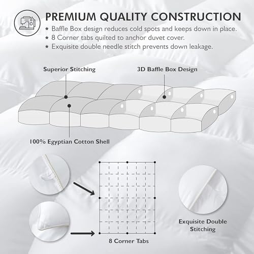 Image of Luxurious Oversized Queen 98 inch x 98 inch Size Goose Down Fiber Waterfowl Feather Fiber Comforter Duvet, 100% Egyptian Cotton Cover, 56 oz. Fill Weight, Baffle Box Design, White Solid