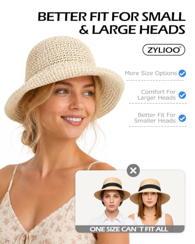 Image of Zylioo XL Straw Bucket Hat for Women, UPF Wide Floppy Brim Beach Sun Hat | Roomy Summer Fit-Flexible Crown And Moldable Edge Give Fuller Head Shapes Easy Shade Without Tight Pressure.