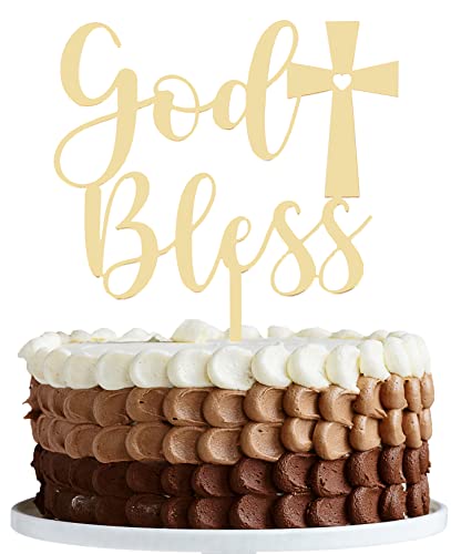 LOVENJOY Gift Boxed God Bless Cake Topper Gold Acrylic Mirror for Batism, First Communion, Confirmation or Christening