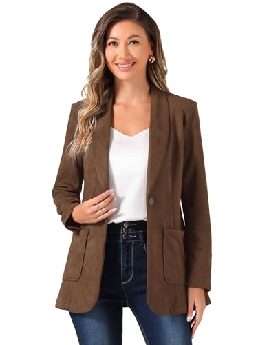 Allegra K Blazer aus Wildlederimitat für Damen, Reverskragen, Einknopf, elegante Anzugjacke, braun, M