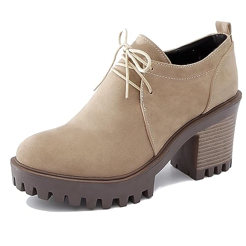 Womens Lace Up Round Toe Block Heels Platform Oxfords