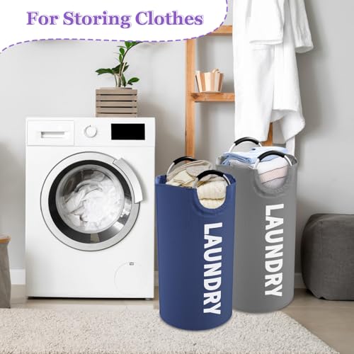 Image of 2Pack 95L Big Clothes Hamper for Family, Collapsible Laundry Baskets with Handles, Dirty Clothes Bin Stand Up Well, Toteable Laundry Bag for Bathroom, Travel, Grey /Navy Blue
