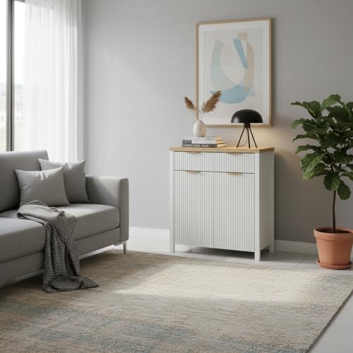 Image of Panana 2-Door 2-Drawer Storage Cabinet, Farmhouse Ribbed Style Sideboard for Kitchen, Living Room, Entryway (White)
