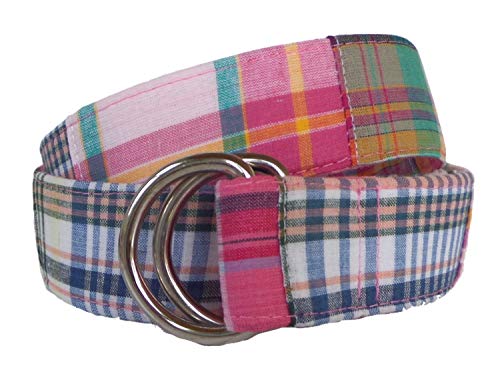 Pink and Blue Plaid D-Ring Fabric Belt Medium Summer Plaid