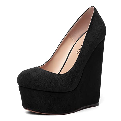 WAYDERNS Womens Platform Solid Suede Round Toe Party Slip On Fashion Wedge High Heel Pumps Shoes 6 Inch