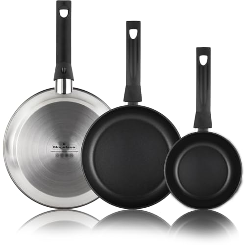 MAGEFESA Durinox - Set de 3 Sartenes 20 + 24 + 28cm, Acero Inoxidable, Libre de PFOA, Antiadherente Bicapa, Todas las Cocinas, Inducción, Cocina Sana