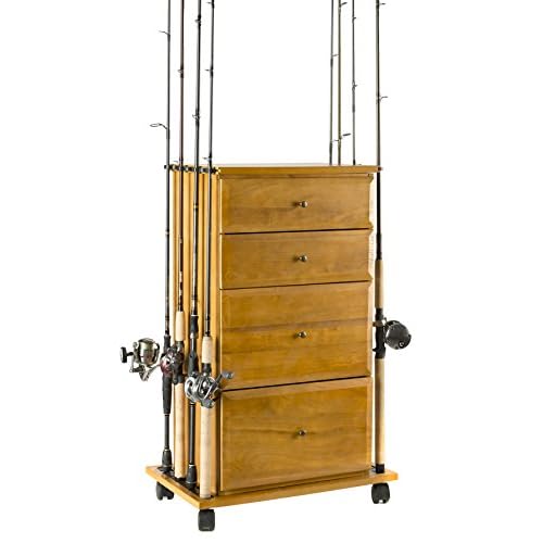 Old Cedar Outfitters Organized Fishing Four Drawer Cabinet for Fishing Rod and Tackle Storage, Holds up to 12 Fishing Rods, Oak Finish, FDC-004, 4 Drawer