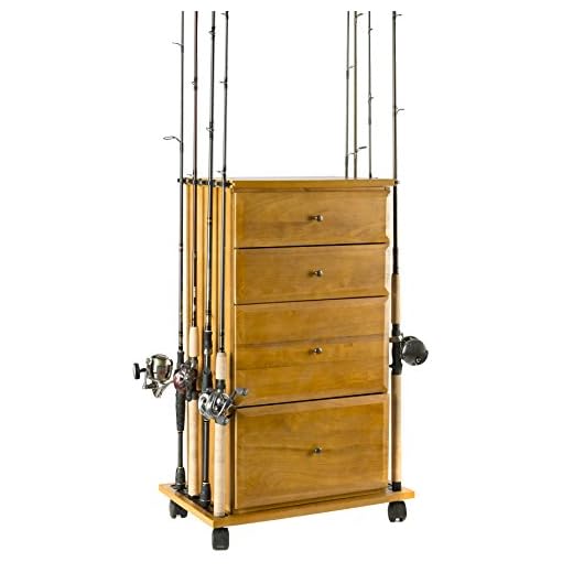 Old Cedar Outfitters Organized Fishing Four Drawer Cabinet for Fishing Rod and Tackle Storage, Holds up to 12 Fishing Rods, Oak Finish, FDC-004, 4 Drawer