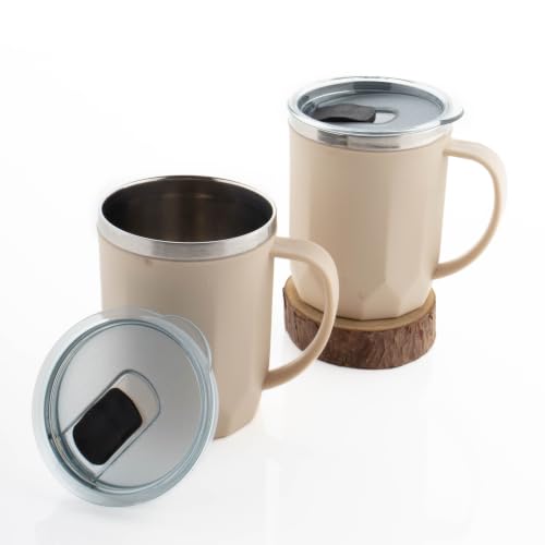 Image of MAGIC SPOON Stainless Steel Travel Coffee Mug with Sipper Lid & Handle, Insulated Tea Cup, BPA-Free Double Wall Tumbler for Hot-Cold Beverages, Office, Home, Car, Travel- Beige, (400ml X 2 Pack)