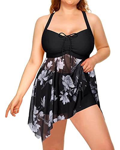 Image of Daci Plus Size Two Piece Swim Dress with Shorts for Women Mesh Swimsuits Flowy Bathing Suits