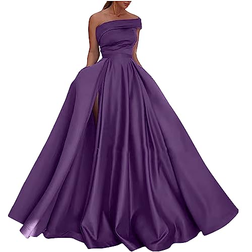 Women's Off Shoulder Maxi Prom Dresses with Slit Built-in Bra Solid Prom Ball Gown Long Formal Evening Party Dress Purple : Clothing, Shoes & Jewelry
