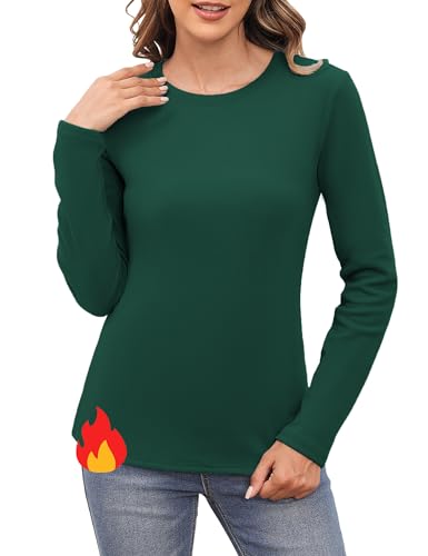 Aottori Green Thermal Tops Womens Round Neck Base Layer Ladies Long Sleeve Underwear Tops Autumn Winter Warm Solid Basic Pullover T Shirts Green M