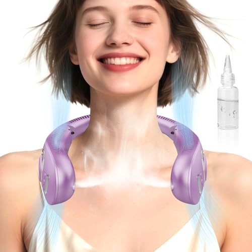Image of Portable Misting Neck Fans with Water Spray, Rechargeable Long Battery Life, Powerful Air Cooler with LED Display, Personal Compact Wearable Necklace Fan for Kids Adults Elderly Hot Weather, Purple