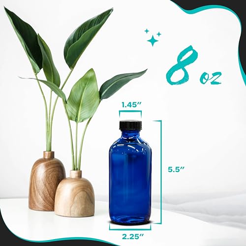 Nevlers 8 oz Glass Bottles with Lids 18 Pack | Cobalt Blue Reusable Glass Bottles with Caps, Funnel, Cleaning Brush, Marker & Labels | For Use as Mini Perfume Bottle, Small Tincture Bottle, & More3