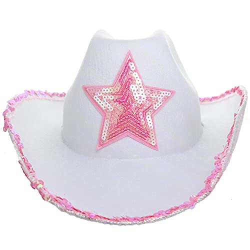 GiftExpress White Felt Cowgirl Hat with Pink Sequin Star, Country Themed Party Cowboy Dressup Play Costume Hat For Teens & Adults4
