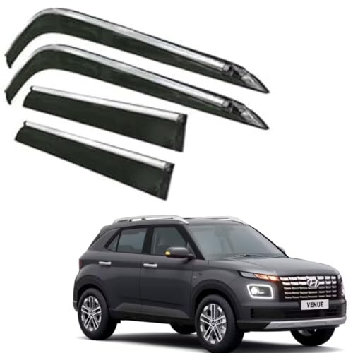 Image of CAR SAAZ Side Door Visors for Venue (2022-Present) (Set of 4Pcs)|Chrome Lined Rain Guards, Polycarbonate, Smoke Finish