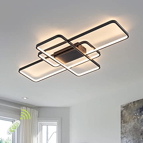 Chying Dimmable Ceiling Light, 41'' Black Modern Led Flush Mount Light Fixture 3-Layer Rectangle Chandelier Pvc Metal Lighting With Remote Control For Living Room Bedroom Study #TOP6