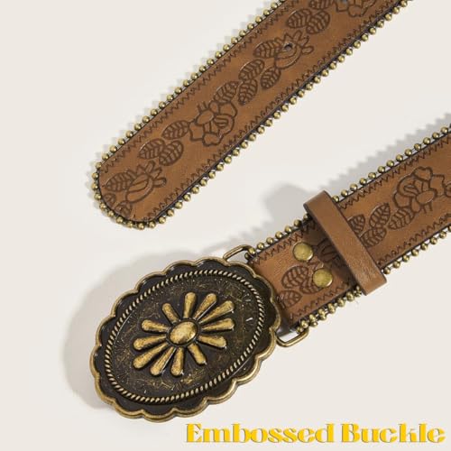 Women's Western Genuine Leather Belt Vintage Buckle Cowgirl Style Brown3