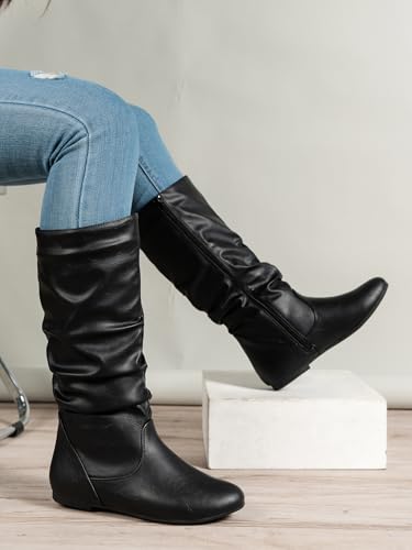 Women's Slouchy Knee High Boots Pull On Flat Boots with Side Zipper Fall Winter Western Cowgirl Booties for Women Soft Faux Leather Round Toe Low Heels Combat Mid Calf Tall Dress Boots4