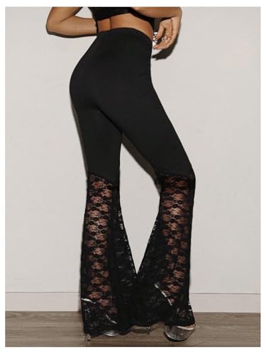OYOANGLE Women's High Waisted Lace Flared Pants Y2K Gothic Bell Bottom Trousers Streetwear3