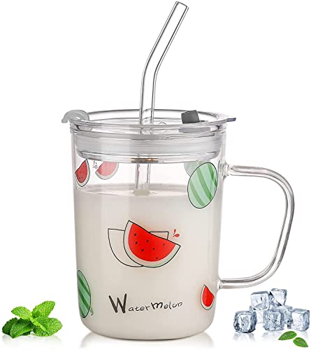 Image of WEZOSHINET Transparent Coffee Mug with Lid Glass Mug with Handle and Straw for Milk Coffee Tea Juice Leak Proof Light Weight Printed Glass Mug for Kids Ideal for Birthday Gifts Home (Pack of 1)
