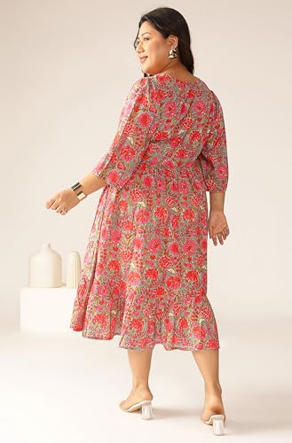 Image of Janasya Women's Plus Size Pure Cotton Floral Printed Flared Dress