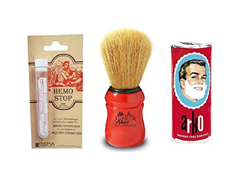 Arko Shaving Cream Soap Stick + Omega Shaving Brush with Natural Boar Bristle + Osma Alum Based Styptic Pencil
