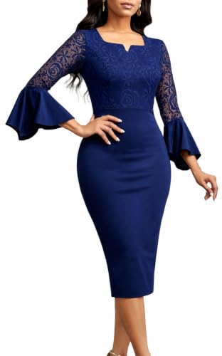 Image of Midi Lace Dress for Women Bodycon Dress Church Cocktail Party Clothes