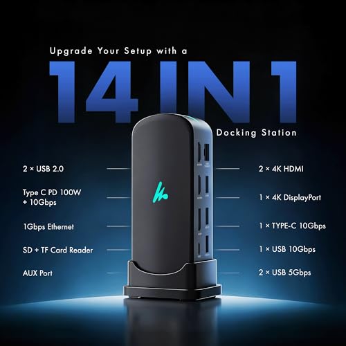 Image of Type C 14 in 1 Wozoyo Docking Station, PD 100W, 2X4K@60Hz HDMI,4K DisplayPort, 2XType-C 10Gbps, USB 10Gbps, Gigabit Ethernet, AUX Port,Universally Compatible Thunderbolt 4,macOS,Windows,Android & iOS