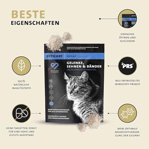 Peticare Gelenk-Pulver für Katzen | Mit MSM, Kollagen | unterstützt Gelenke, Bewegungsapparat, Beweglichkeit, nach Belastung | Keine Tabletten, Kapseln | Ergänzungsfutter-Mittel - petCat Health 3502